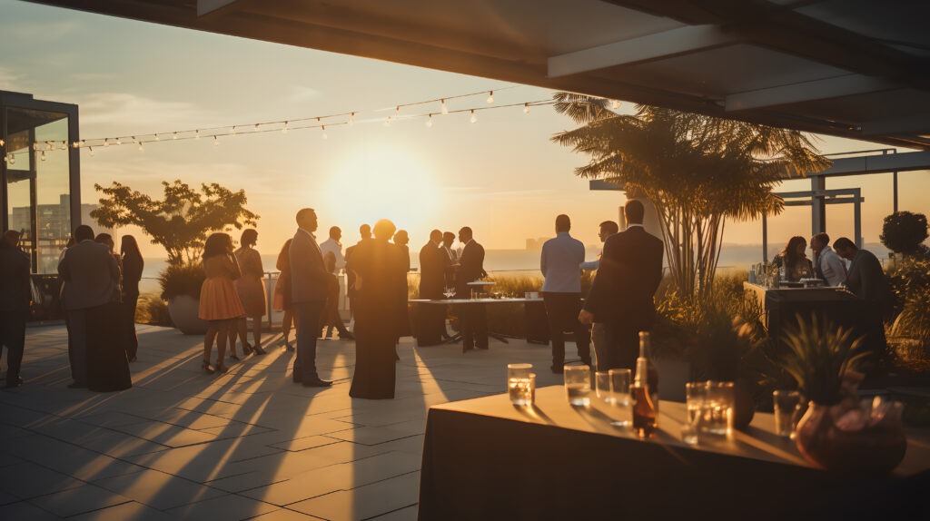 Group of people at outdoor event, people with drinks in their hands talk to each other about business at a networking event.